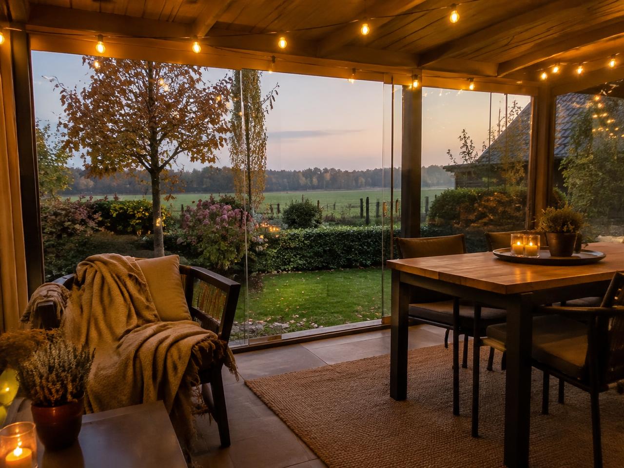 Overdekt terras met glazen schuifwanden op een herfstavond